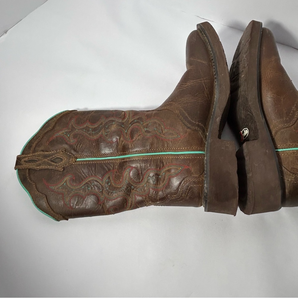 Justin Boots Brown Leather Western Boots with Turquoise Trim - Picture 12 of 16
